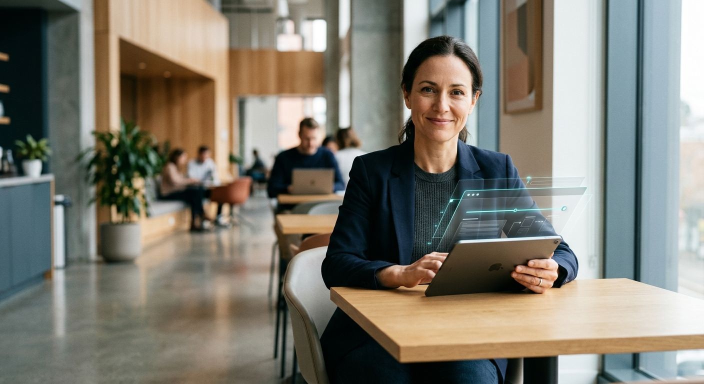 Eine professionelle Frau sitzt an einem Tisch in einem modernen Büro und bedient ein Tablet, über dem eine leuchtende, holografische Benutzeroberfläche zur Website-Analyse schwebt. Die Szene veranschaulicht den unkomplizierten und schnellen Start eines technischen Website-Audits. (KI-generiertes Bild)