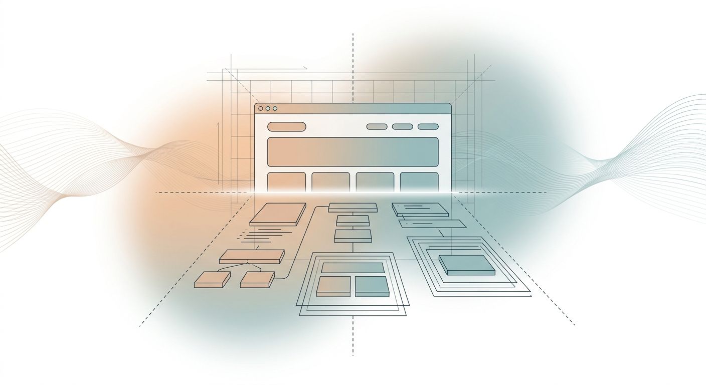 Eine schematische 3D-Grafik visualisiert ein Browserfenster, das sich in detaillierte Wireframe-Ebenen, Seitenstrukturen und Metadaten-Segmente auffächert. Die technische Darstellung versinnbildlicht die ganzheitliche Überprüfung aller digitalen Unterseiten, Meta-Descriptions und Website-Inhalte im Rahmen gesetzlicher Vorgaben. Feine Wellenlinien und dezente Farbverläufe in Blau und Sandfarben betonen die Website-Architektur. (KI-generiertes Bild)