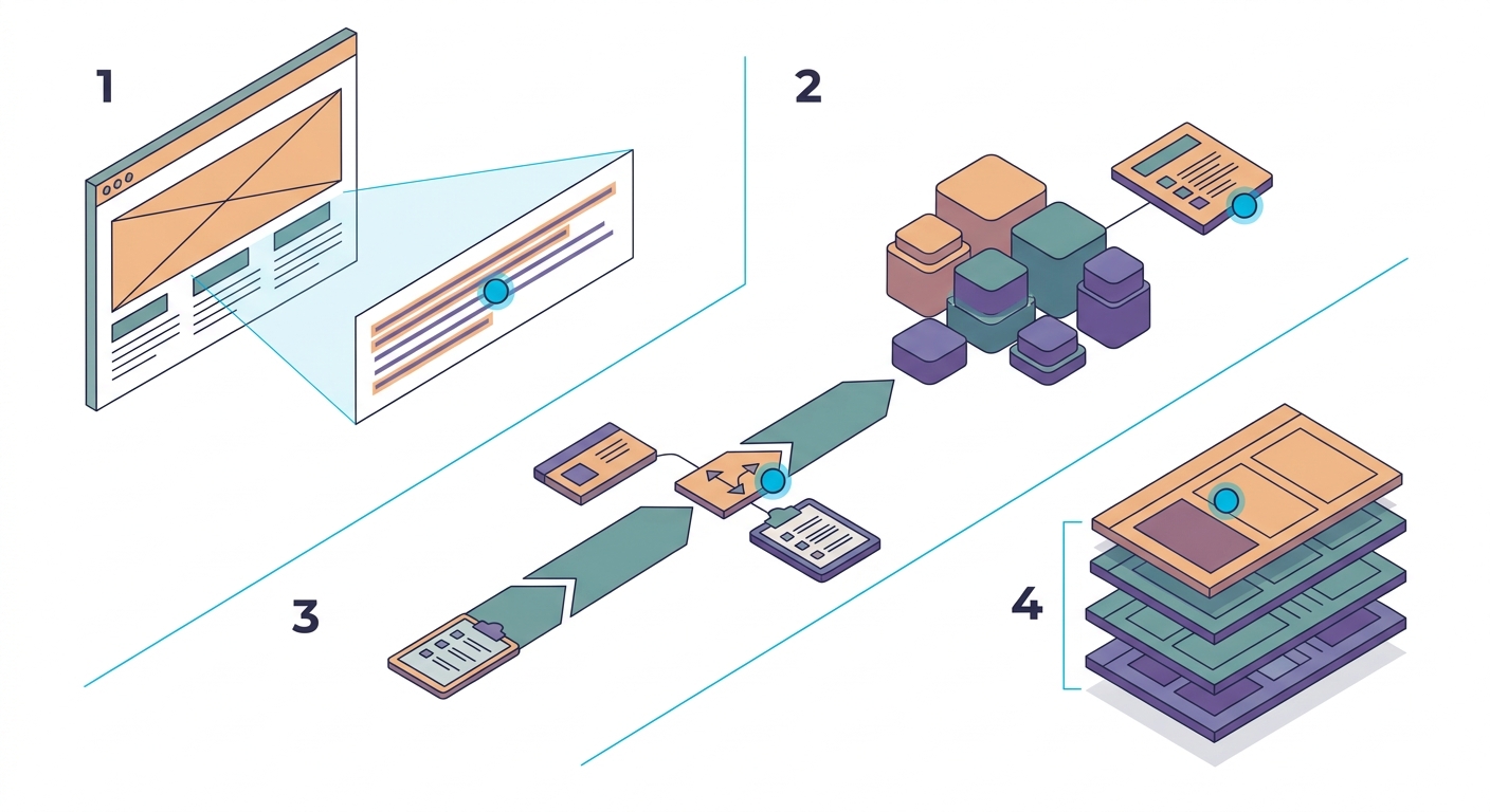 Eine isometrische Infografik visualisiert in vier Schritten den Analyse- und Strukturierungsprozess von Website-Inhalten. Die Grafik zeigt die exakte Lokalisierung von Textstellen auf Unterseiten, deren thematische Kategorisierung, die Definition konkreter Handlungsempfehlungen sowie die finale Priorisierung im Prüfbericht. (KI-generiertes Bild)