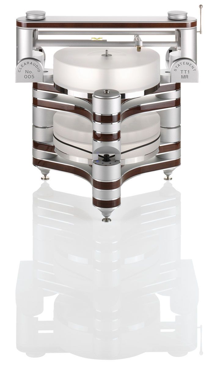 Clearaudio Master Innovation Plattenspieler in Panzerholz-Silber-Optik mit montiertem Tangential-Tonarm TT1 vor weißem Hintergrund.