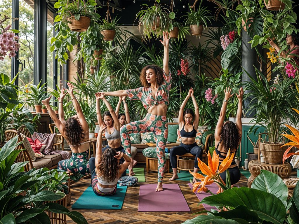 Yoga in einer Lounge voller Pflanzen - Symbolbild mit KI generiert