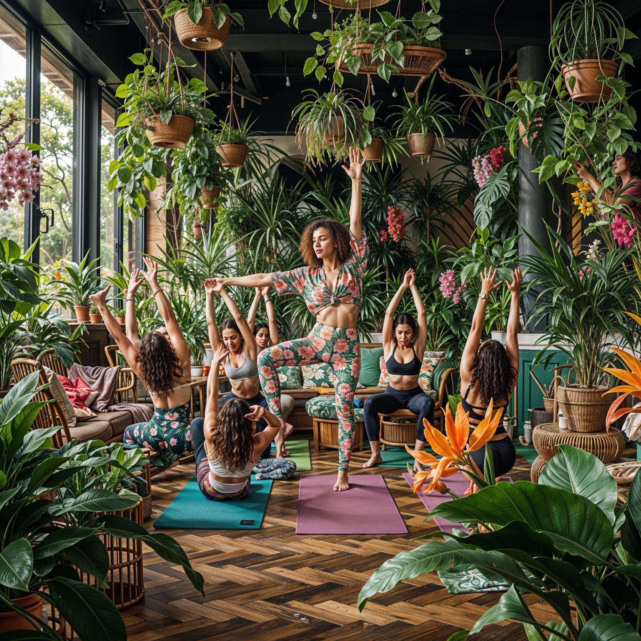 Yoga in einer Lounge voller Pflanzen - Symbolbild mit KI generiert
