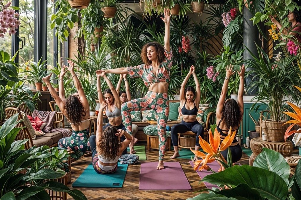 KI-Bild von Yoga in einer pflanzenverhangenen Lounge