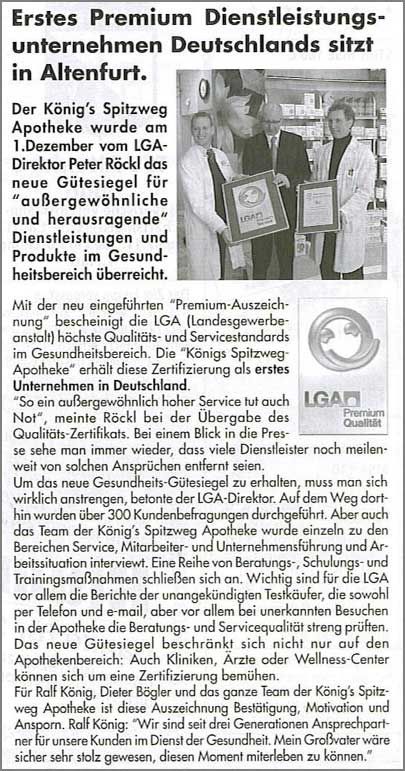 Anzeigenausschnitt von der Übergabe des ersten Premium Dienstleistungssiegel der LGA