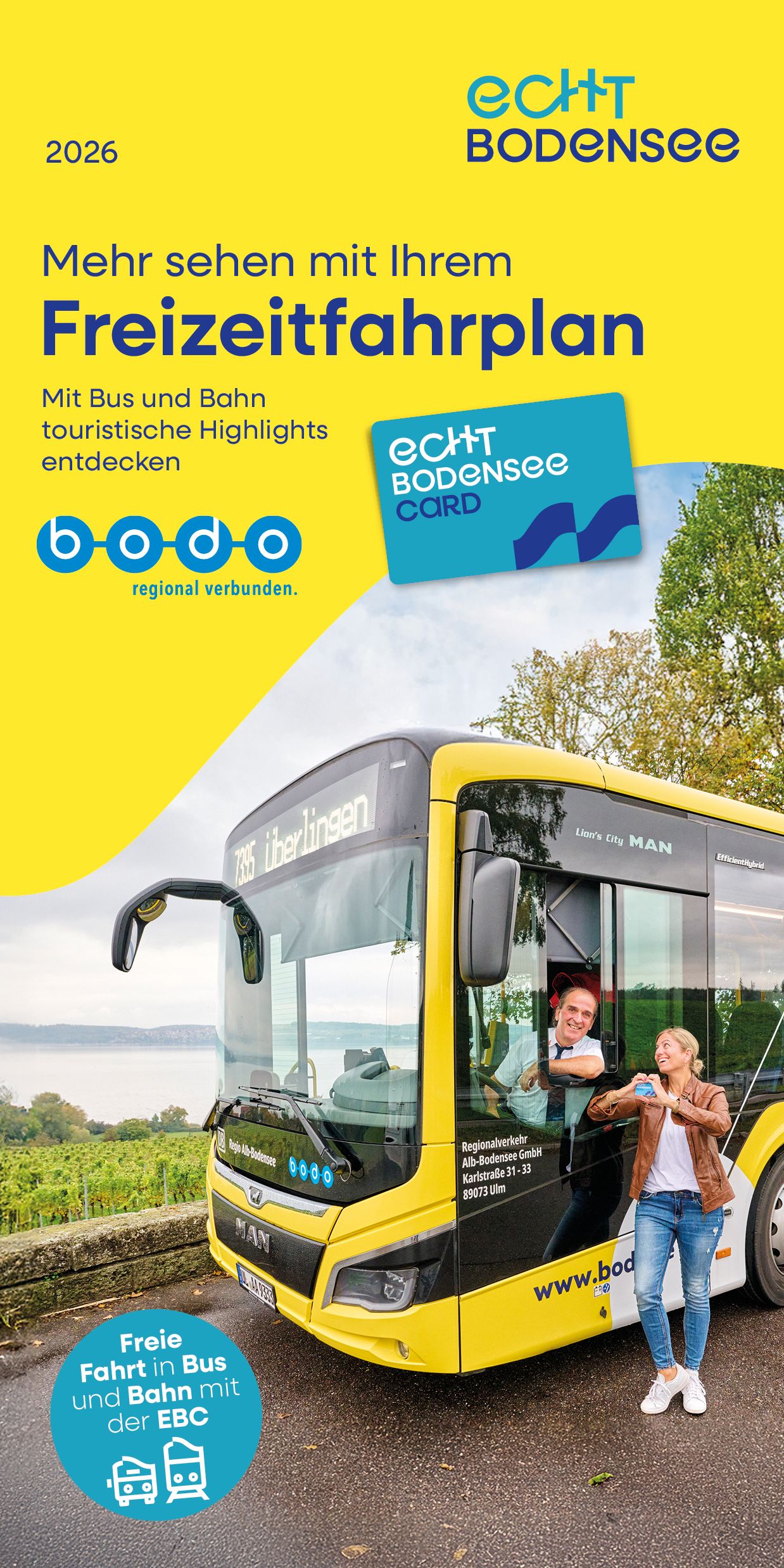 Titelbild vom Freizeitfahrplan , Bus mit Busfahrer und Passagier