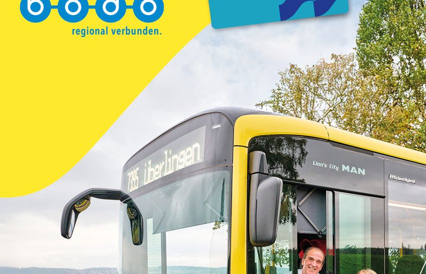 Titelbild vom Freizeitfahrplan , Bus mit Busfahrer und Passagier