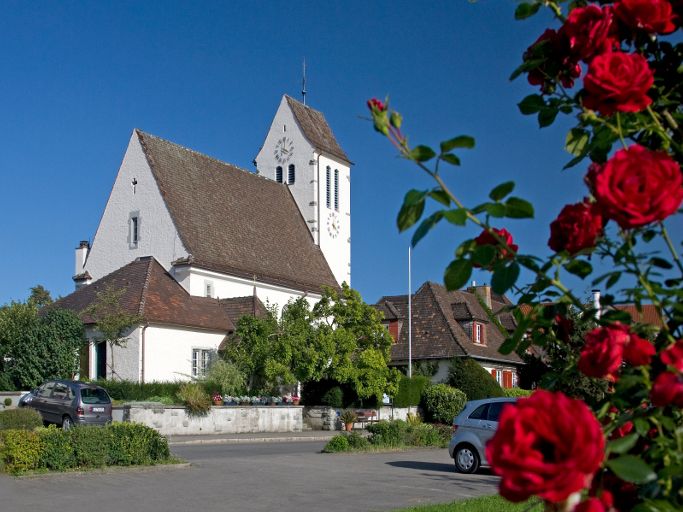 Außenansicht Evangelische Kirche St. Johannes in Wasserburg im Vordergrund ist ein Roter Rosen Busch zu sehen.