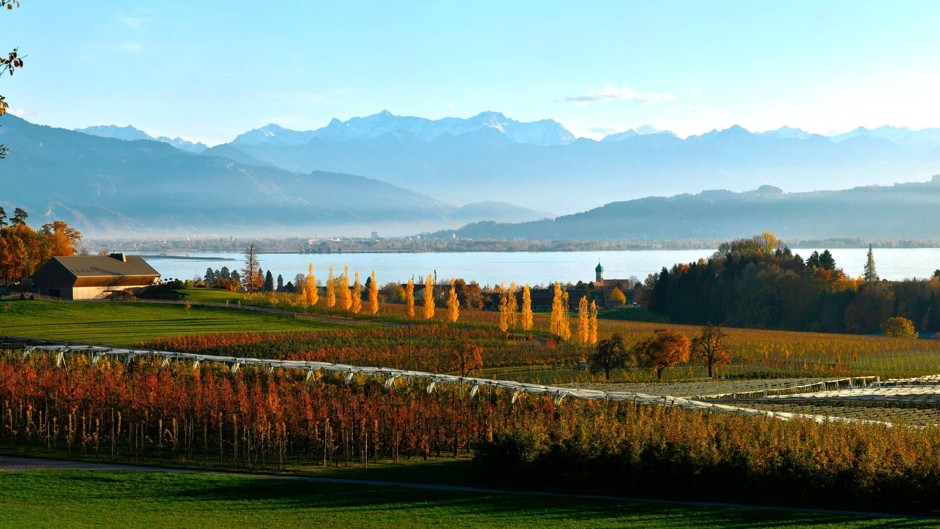 Luftaufnahme Umland von Wasserburg mit See und Bergsicht.