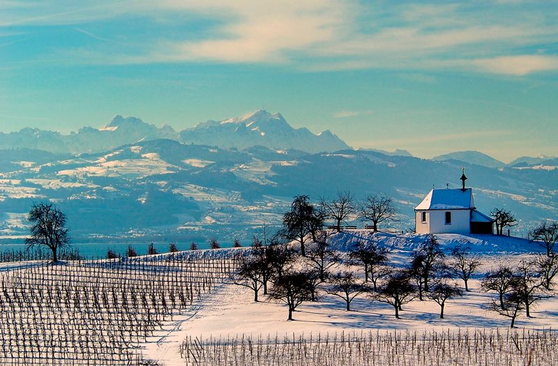 Luftaufnahme der Antoniuskapelle in Selmnau. Umringt von Schneebedeckter Landschaft. Im Hintergrund der Bodensee und die Bergwelt zu sehen.