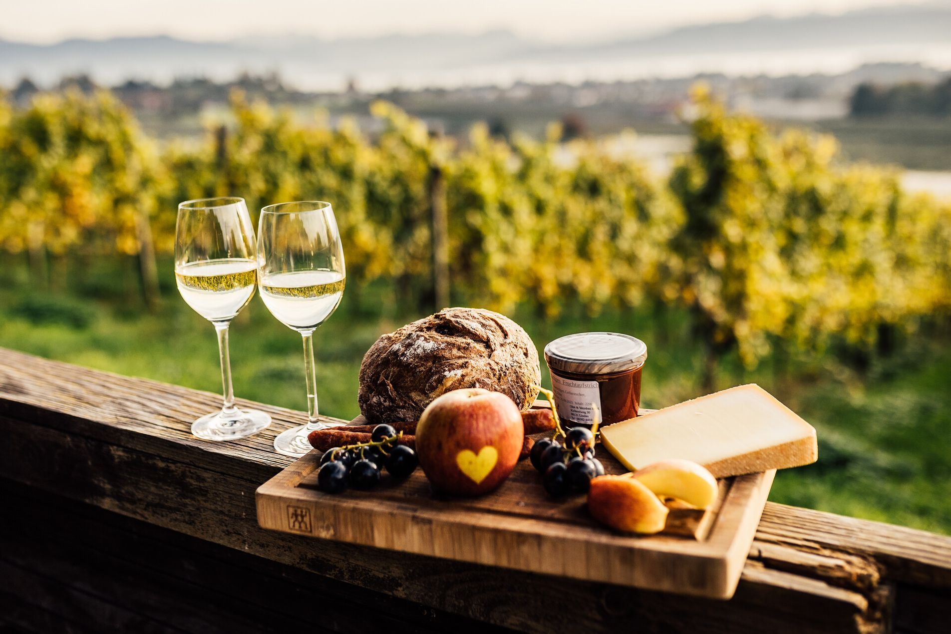 Eine Brotzeit mit Trauben, Äpfeln, Käse, Marmelade und einem Laib Brot sowie zwei Weingläsern. Im Hintergrund sind Weinreben zu sehen.