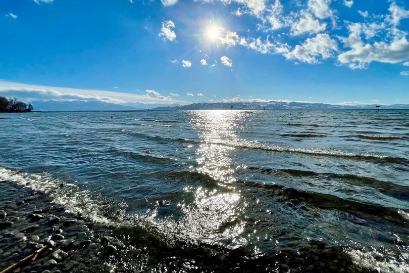 Die Sonne spiegelt sich glitzernd auf dem Wasser im Bodensee wieder. Im Hintergrund sieht man die Bergwelt.