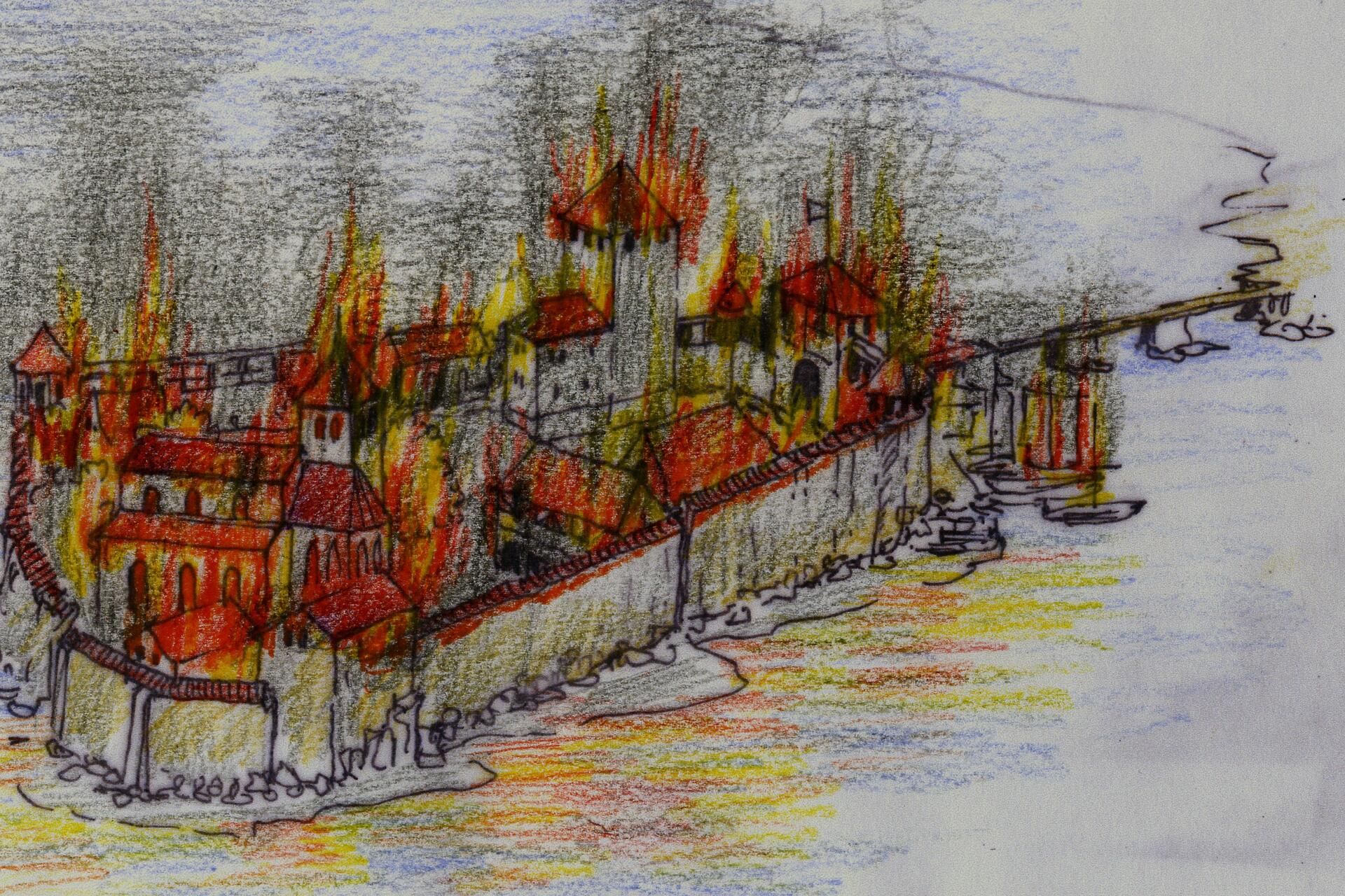 Zeichnung der brennenden Festung von Wasserburg am Bodensee im Jahr 1358.