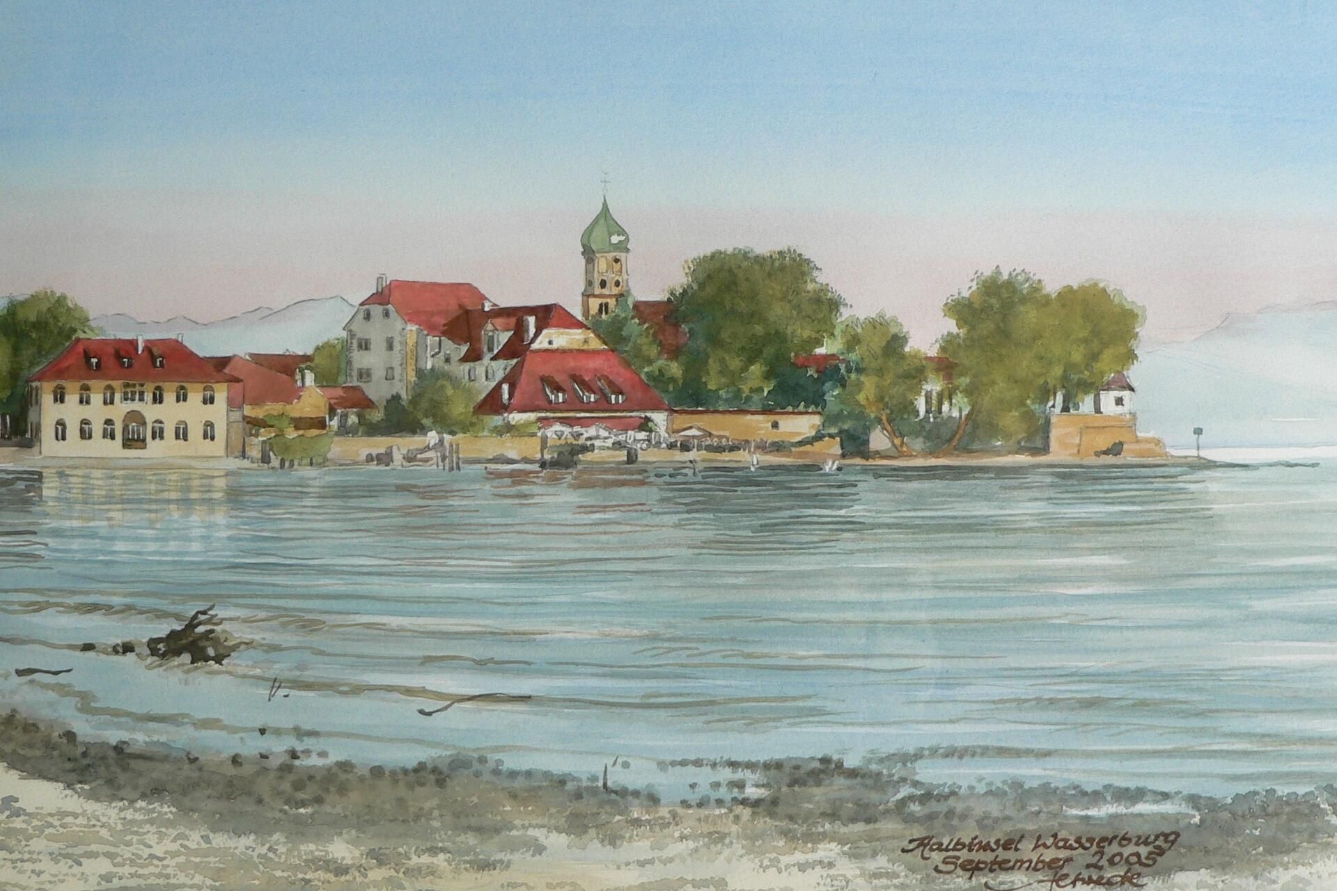 Aquarellzeichnung der Halbinsel Wasserburg am Bodensee.
