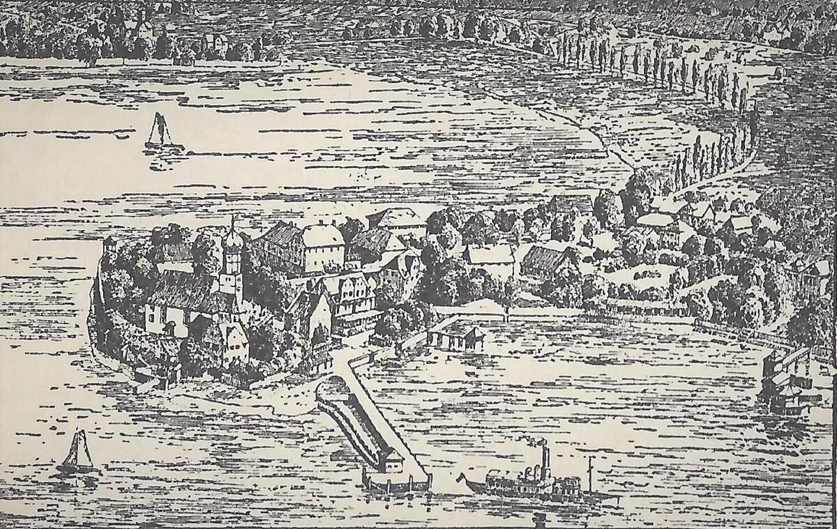 Alte Zeichnung von Wasserburg am Bodensee mit der Halbinsel.