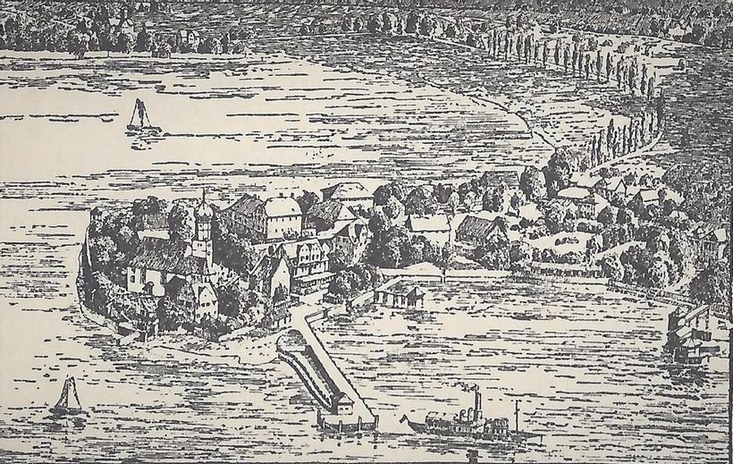 Alte Zeichnung von Wasserburg am Bodensee mit der Halbinsel.