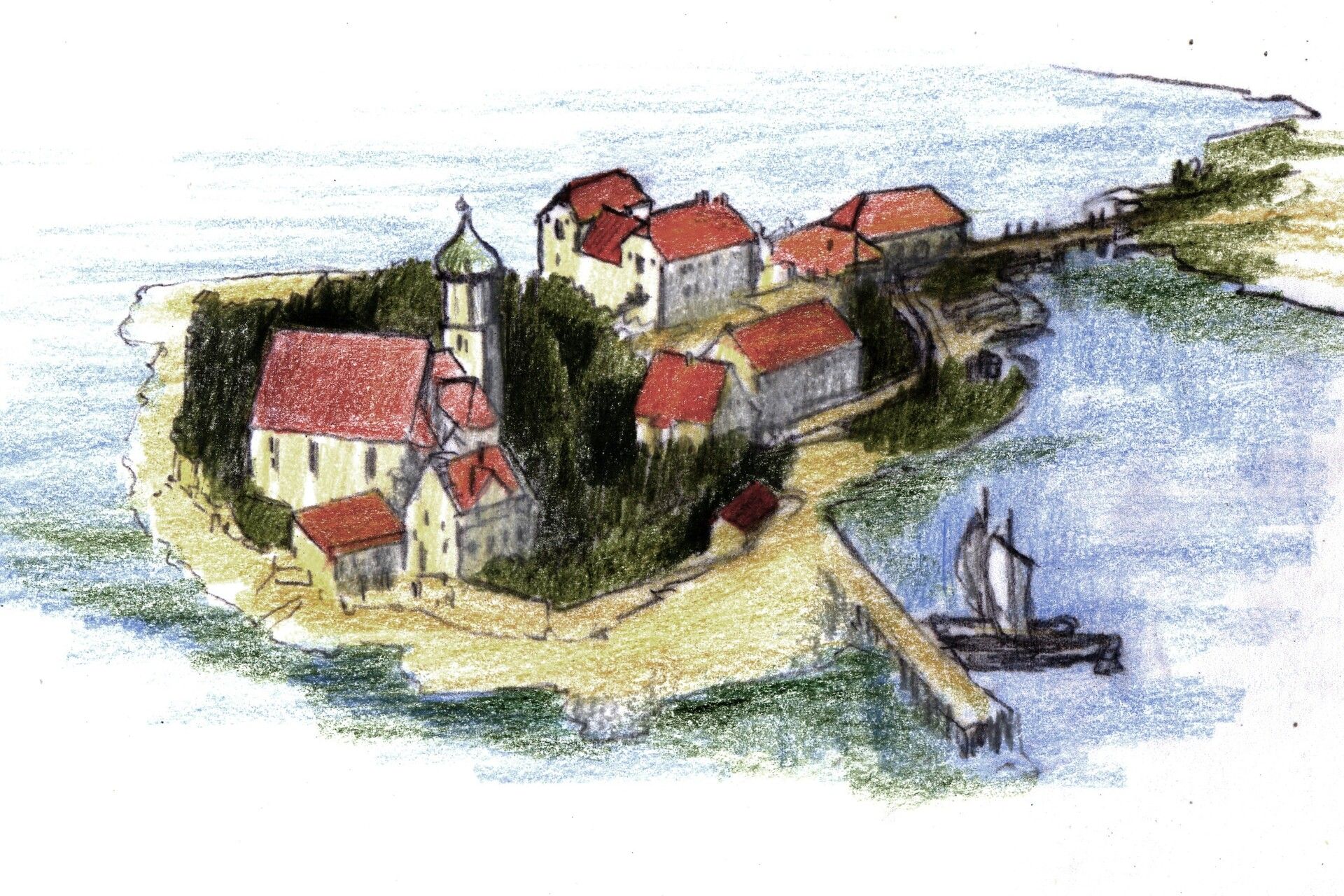 Zeichnung der Halbinsel in Wasserburg zur früheren Zeit.