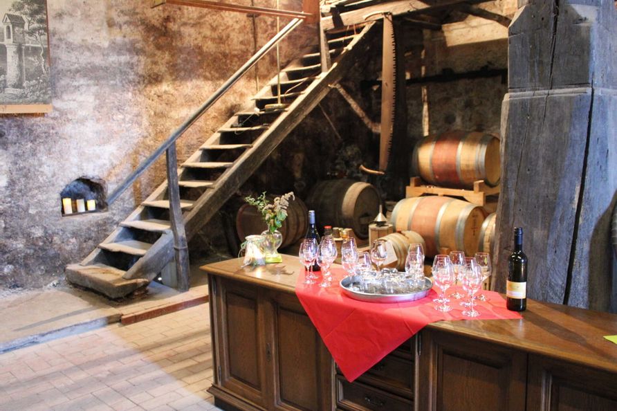 Weinkeller im Obsthof Bildgarten. Weingläser und Wein steht zur Verkostung bereit.