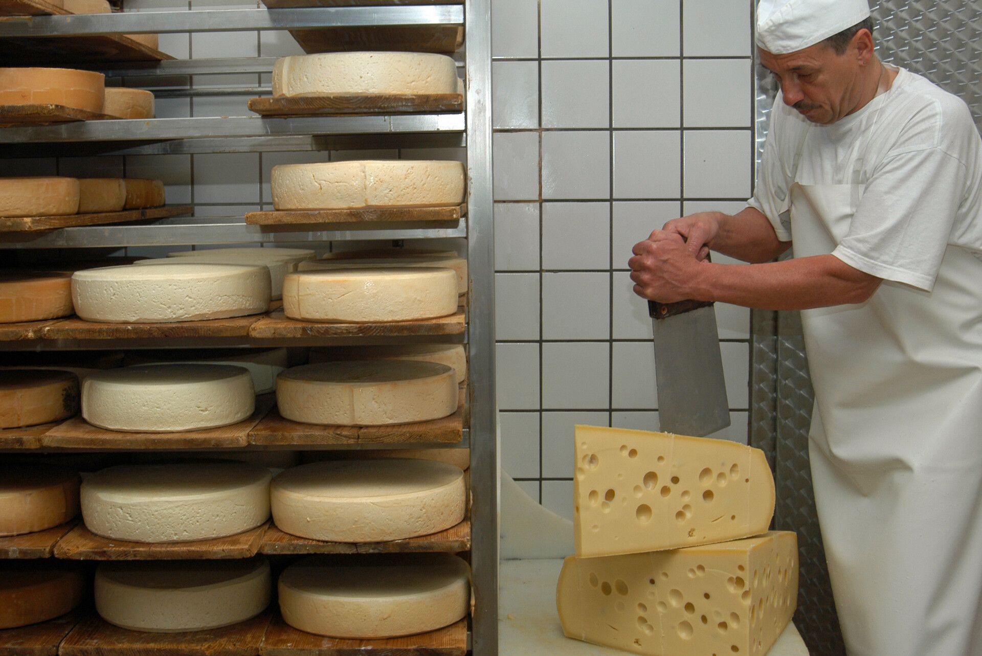 Ein Mann in einer Sennerei der Käse schneidet, daneben steht ein Regal mit Käse Leiben.
