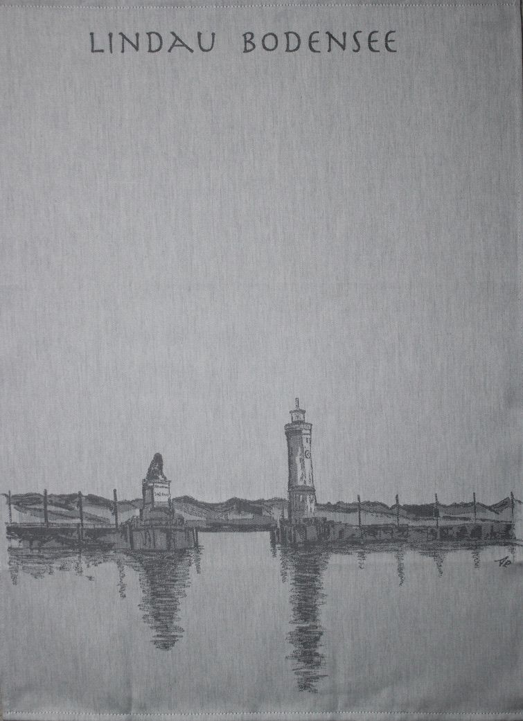 Grau-Schwarzes Geschirrhandtuch mit der Lindauer Insel darauf.