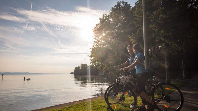 Radfahrer auf einem Radweg direkt am Bodensee.