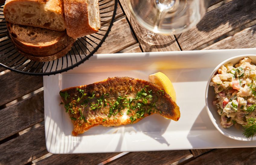 Ein Teller schön hergerichtet mit Fisch und Salat. Daneben ein Brotkorb.