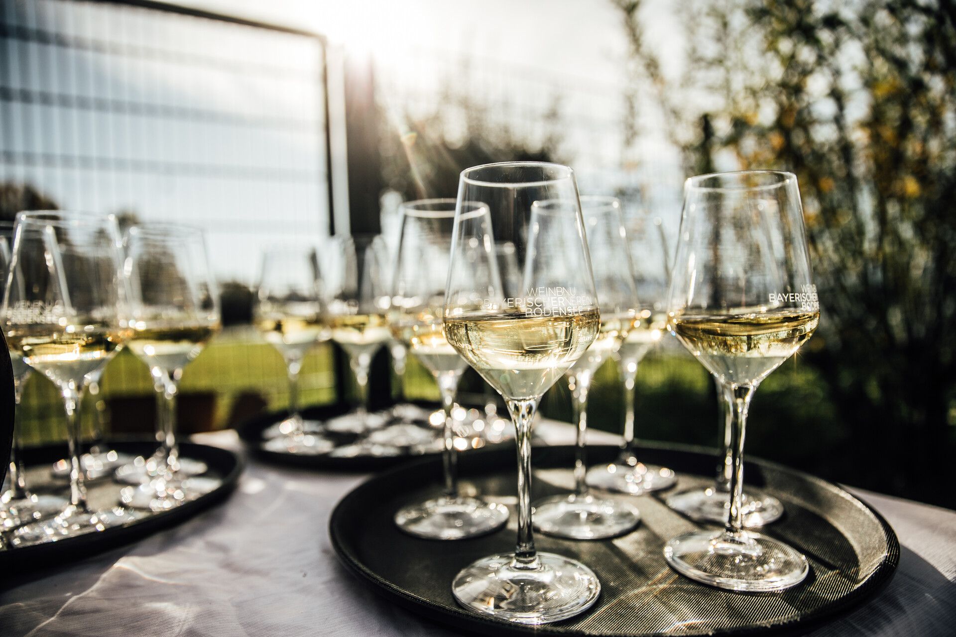 Gefüllte Weingläser auf einem Tisch im Außenbereich.