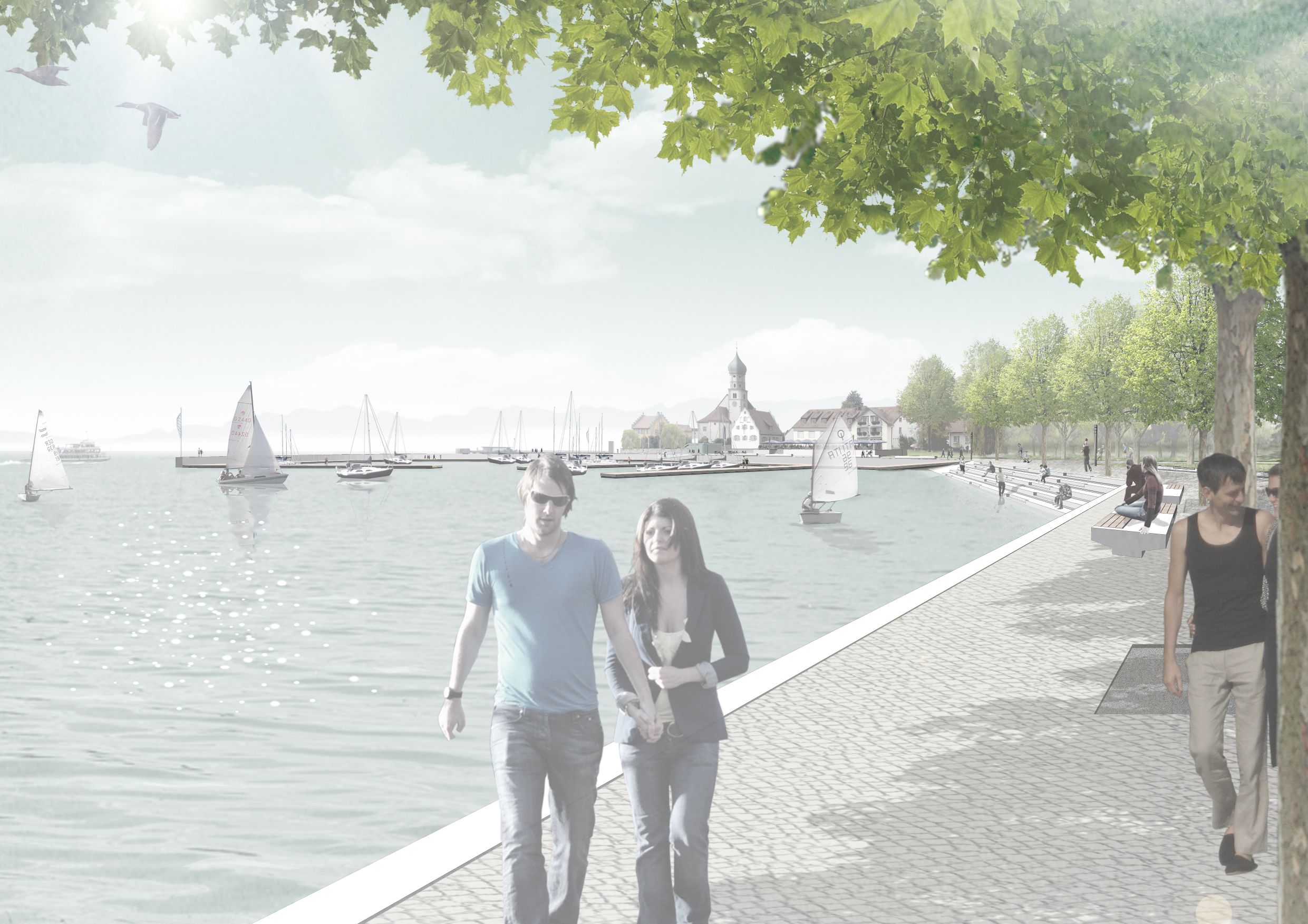 Entwurf der neuen Uferanlage der Halbinsel. Uferanlage am See mit Menschen im Hintergrund die Halbinsel.