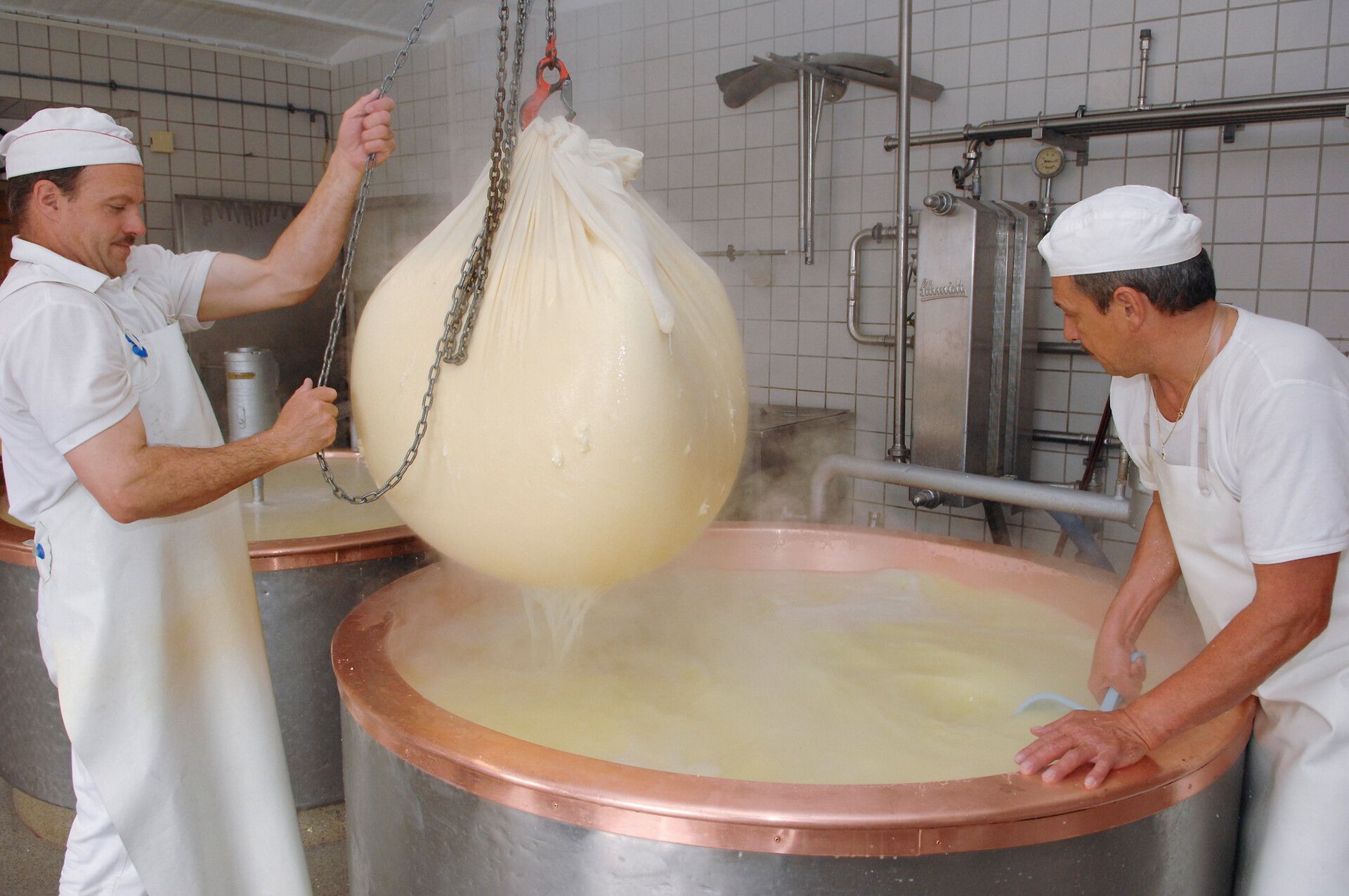 Zwei Männer die Käse produzieren