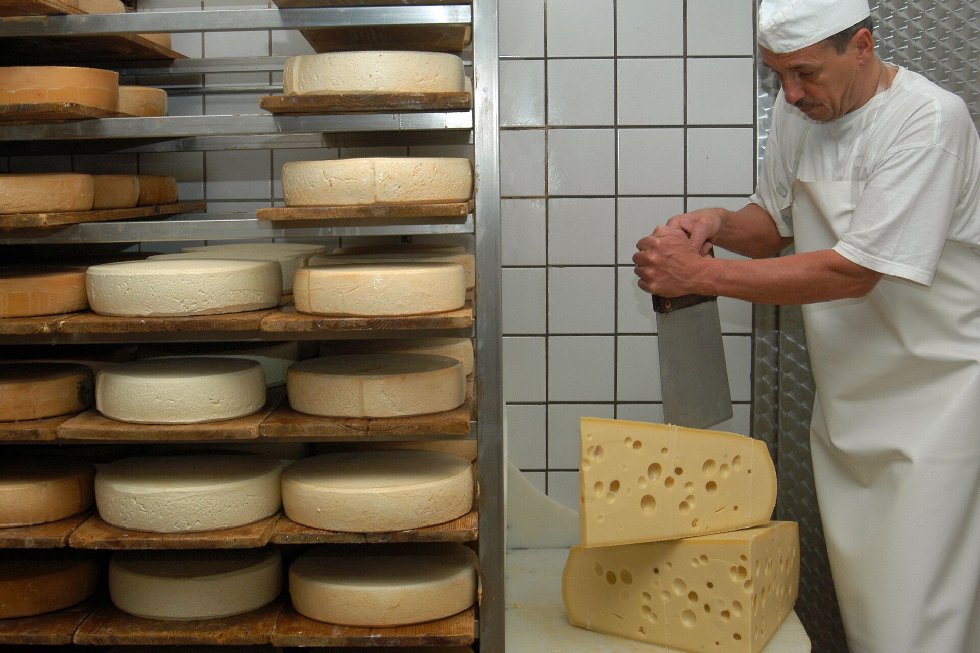 Ein Mann in einer Sennerei der Käse schneidet, daneben steht ein Regal mit Käse Leiben.
