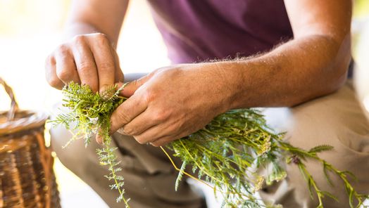 Ein Mann der mit seinen Händen Kräuterbüschel zusammen bindet