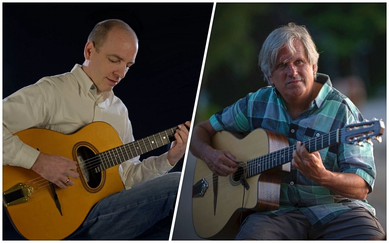 Musiker des Double Jeu beim Spiel mit der Gitarre