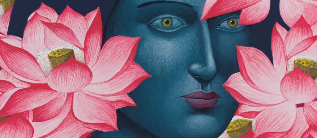 La-Traviata Poster Bregenzer Festspiele . Gezeichnetes Frauengesicht mit Pinken Blumen an der Seite.