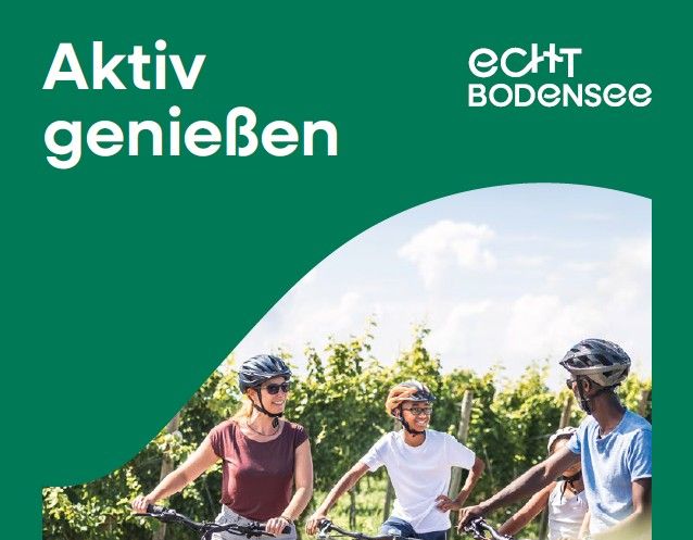 Titel Bild Broschüre Aktiv genießen - Radfahren am Bodensee. Mehrere Radfahrer auf der Broschüre zu sehen.