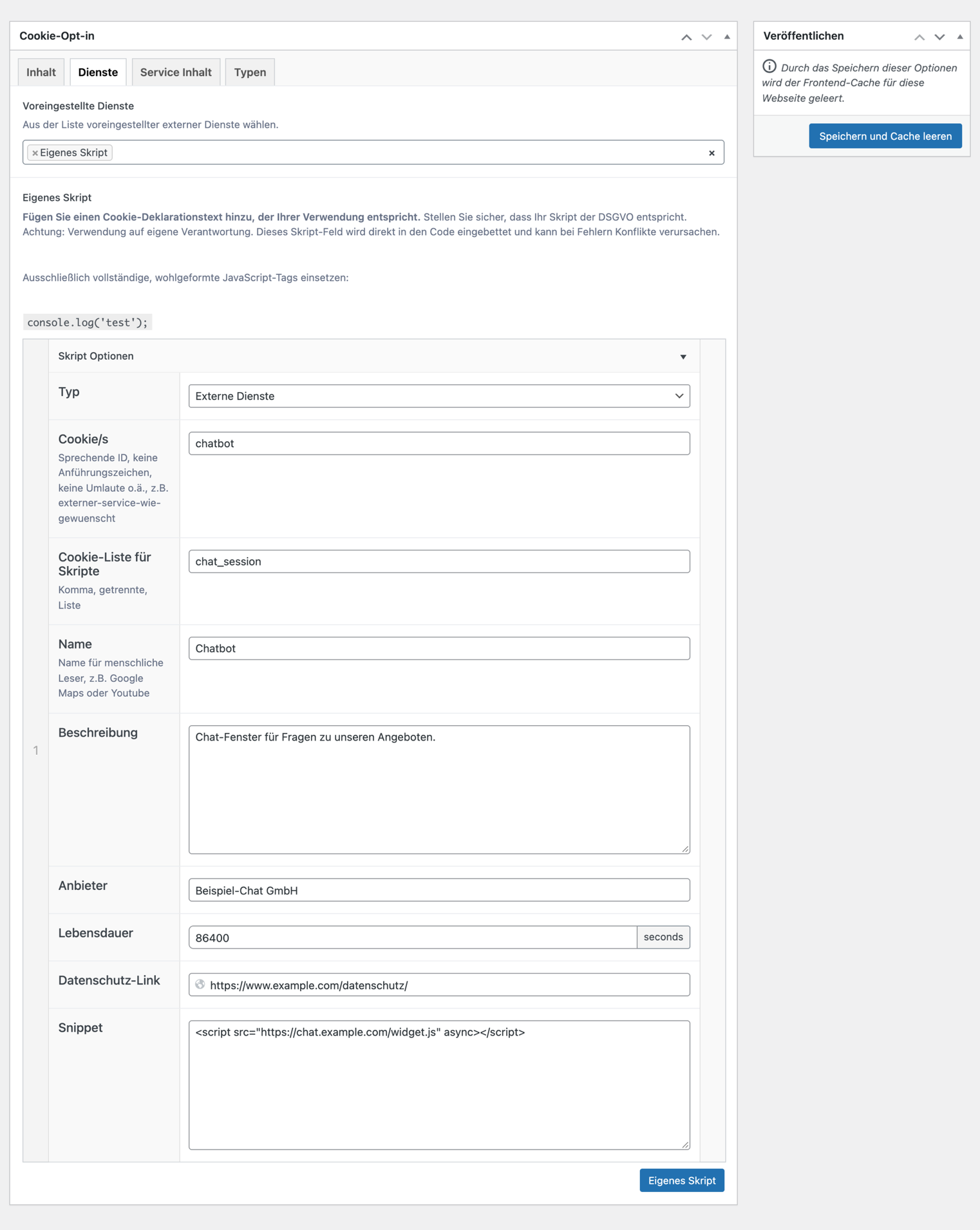 Cookie-Opt-in, Reiter „Dienste“ mit „Eigenes Skript“: Skript Optionen mit Beispielwerten für einen Chatbot, darunter Cookie/s, Cookie-Liste, Name, Beschreibung, Anbieter, Lebensdauer, Datenschutz-Link und im Feld „Snippet“ ein Script-Tag