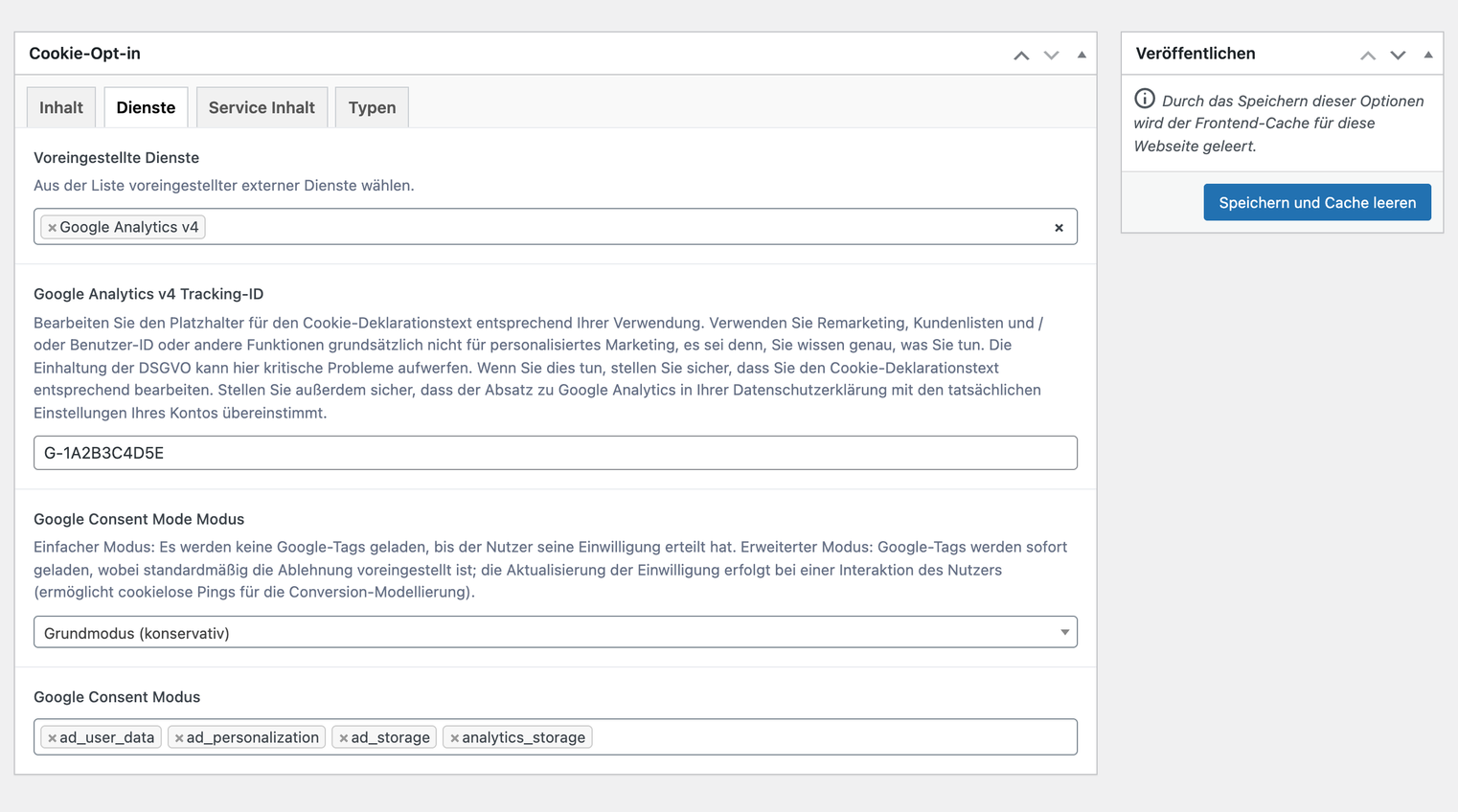 Cookie-Opt-in, Reiter „Dienste“ mit „Google Analytics v4“: Feld für die Tracking-ID mit einer Beispiel-ID, darunter „Google Consent Mode Modus“ auf „Grundmodus (konservativ)“ und „Google Consent Modus“ mit ad_user_data, ad_personalization, ad_storage und analytics_storage