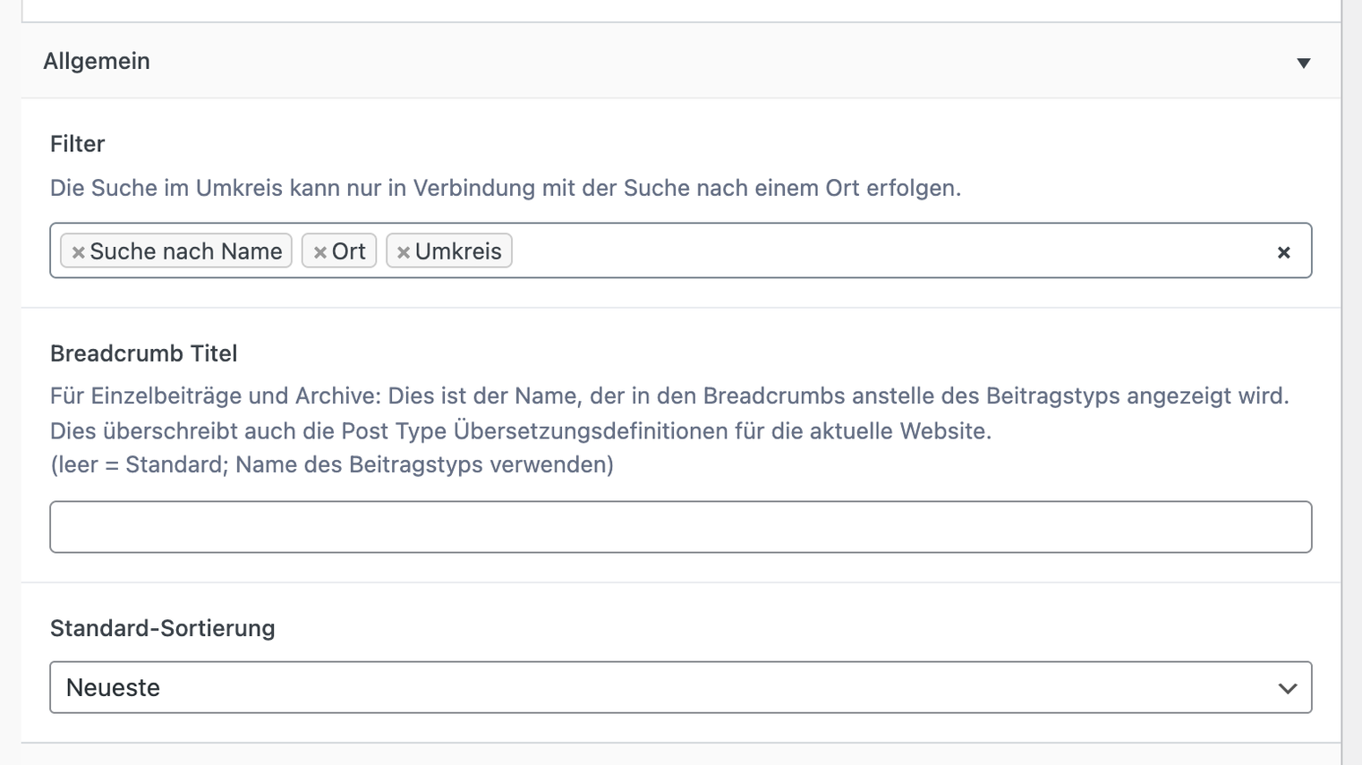 Reiter „Jobs“, Bereich „Allgemein“: Feld „Filter“ mit „Suche nach Name“, „Ort“ und „Umkreis“, darunter „Breadcrumb Titel“ und „Standard-Sortierung“ auf „Neueste“