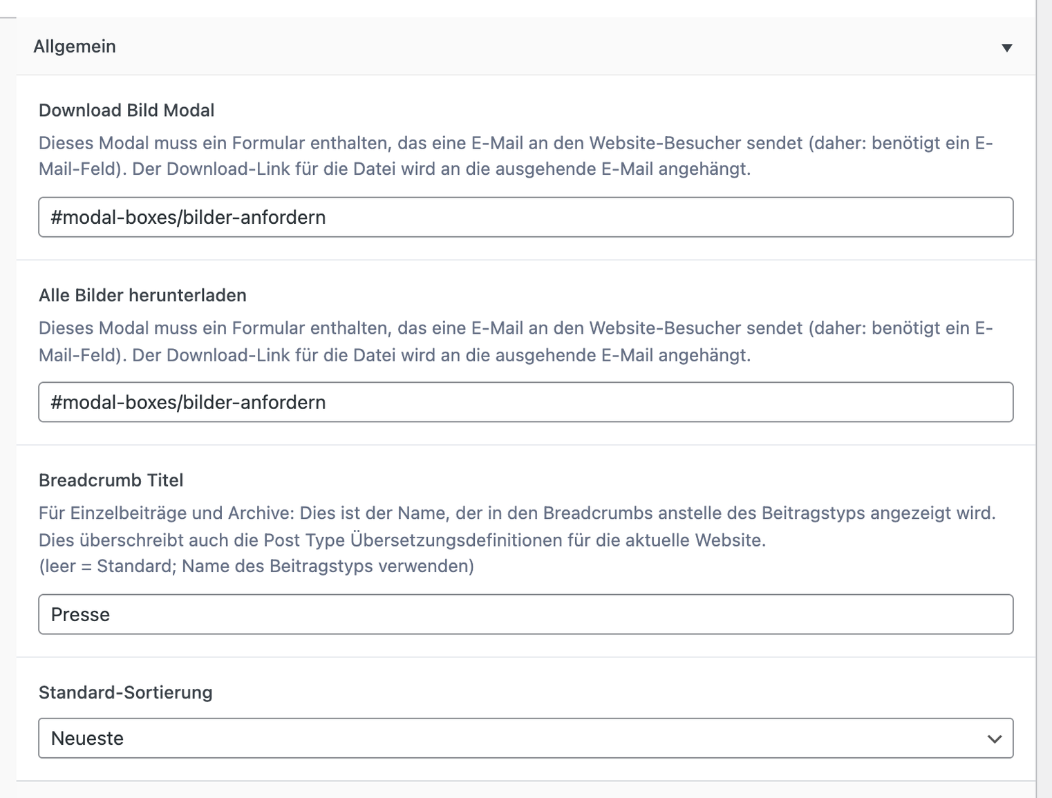 Reiter „Pressebereich“, Bereich „Allgemein“: Felder „Download Bild Modal“ und „Alle Bilder herunterladen“ mit dem Beispielanker #modal-boxes/bilder-anfordern, darunter „Breadcrumb Titel“ mit „Presse“ und „Standard-Sortierung“ auf „Neueste“
