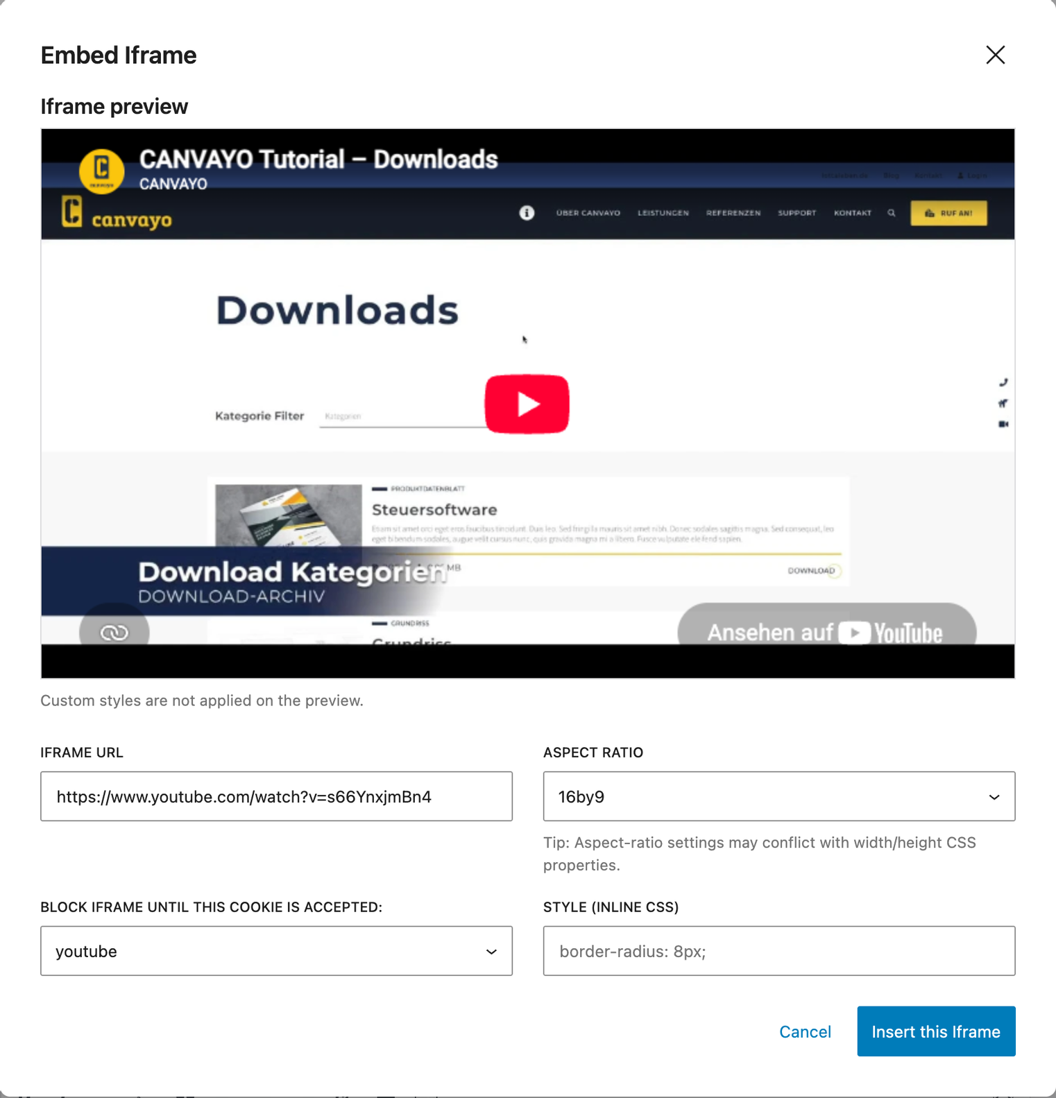 Fenster „Embed Iframe“ mit Vorschau eines YouTube-Videos, den Feldern IFRAME URL, ASPECT RATIO 16by9, Blocker youtube und STYLE (INLINE CSS) sowie dem Knopf „Insert this Iframe“