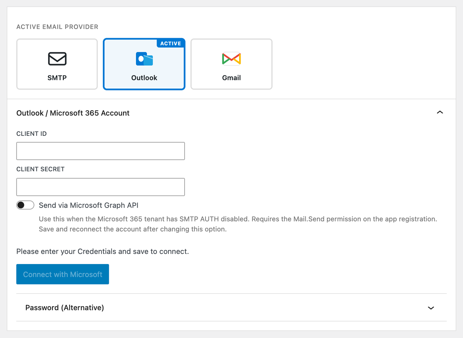 Mail-Einstellungen, Reiter Anbieter: Kacheln SMTP, Outlook und Gmail, darunter die Felder für Microsoft 365 mit Client-ID, Client-Secret und der Option „Send via Microsoft Graph API“