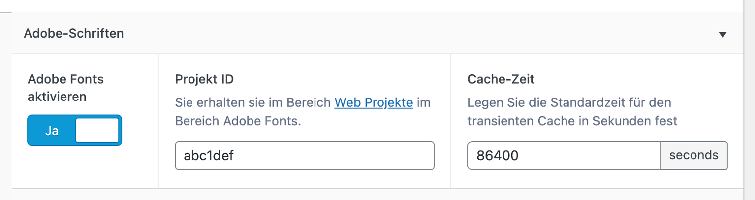 Reiter „Schriftarten“, Bereich „Adobe-Schriften“: Schalter „Adobe Fonts aktivieren“ auf „Ja“, daneben das Feld „Projekt ID“ mit einer Beispiel-ID und das Feld „Cache-Zeit“