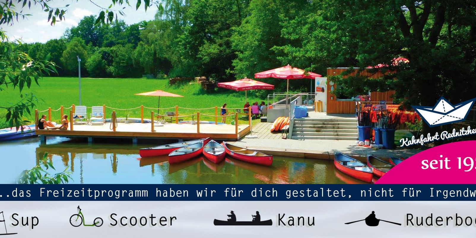 Idyllischer Biergarten am Fluss mit gemütlichem Ambiente und vielfältigen Wassersportaktivitäten wie Kahnfahrten, Kanu, Sup und Big Sup. Entspannen, genießen und aktiv sein!