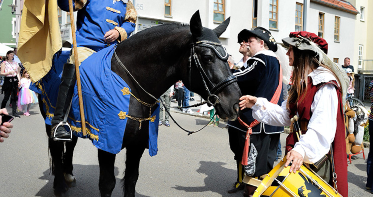 Historischer Umzug beim Zeidlermarkt in Feucht: Reiter, Trommler und Teilnehmer in mittelalterlicher Kleidung sorgen für echte Zeitreise-Atmosphäre.