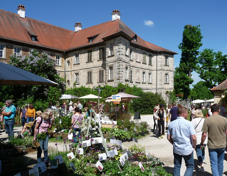 Gartenmarkt "Faszination Garten" auf Schloss Weingartsgreuth im Mai 2025 mit Pflanzen, Dekorationen und kulinarischen Spezialitäten.