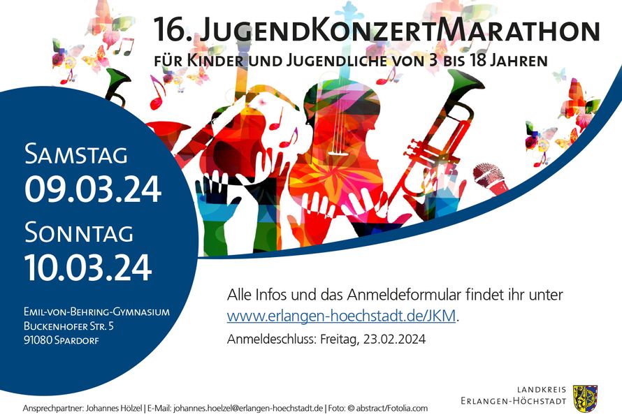 Das Landratsamt ERH lädt Kinder und Jugendliche zum gemeinsamen Musizieren ein beim JugemnkonzertMarathon 2024 !