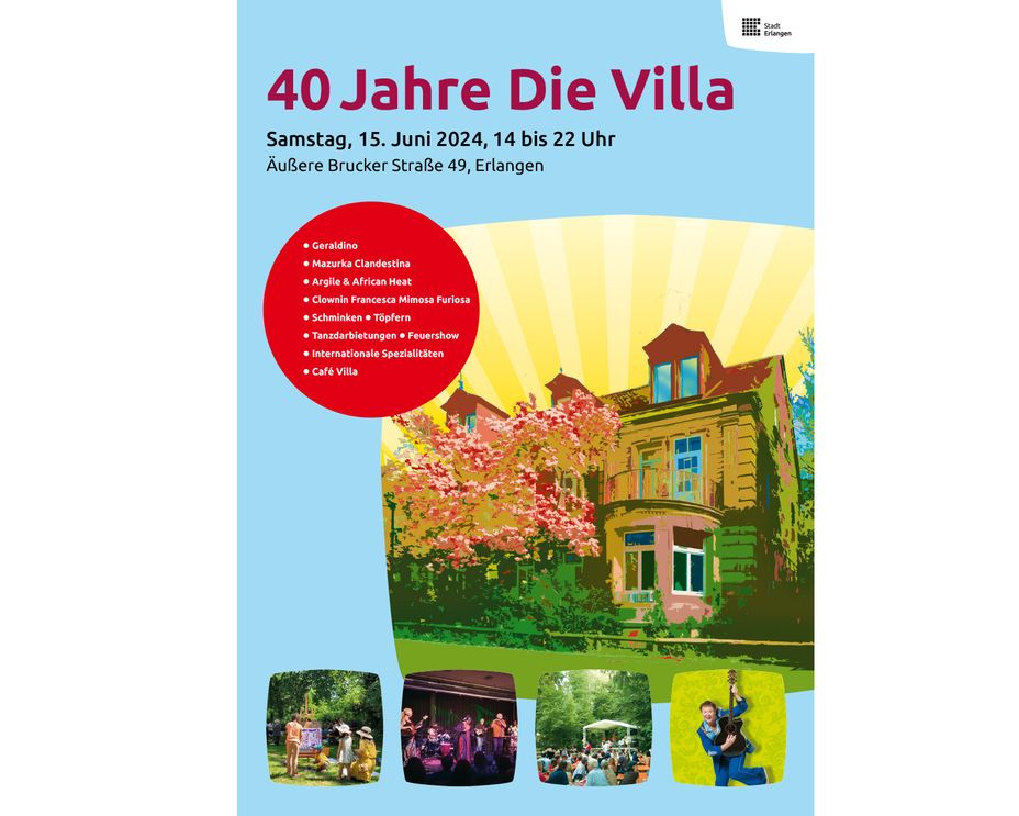 Feiern Sie mit  am 15. Juni 2024 von 14 bis 22 Uhr im Park des Stadtteiltreffs  die Villa!