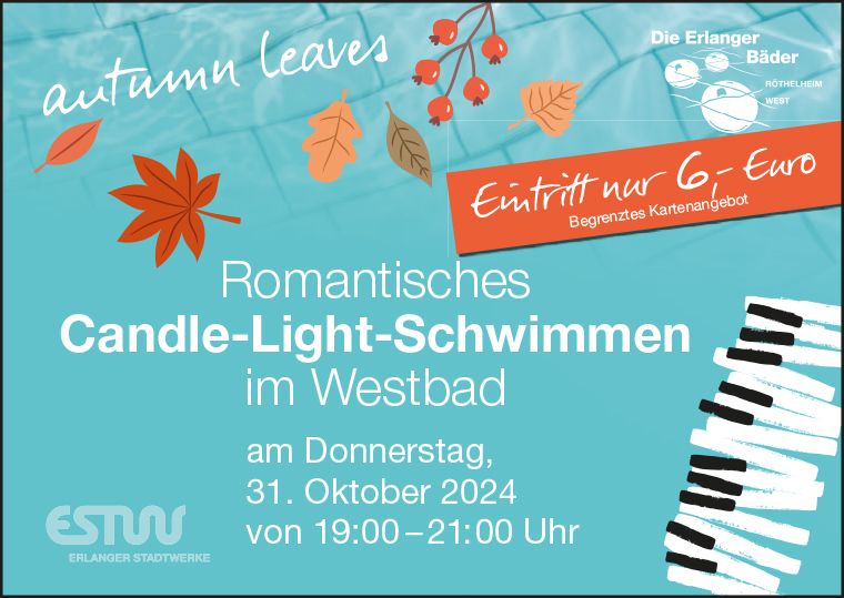 Romantische Atmosphäre beim Candle-Light-Schwimmen im Westbad Erlangen mit Kerzenschein und Entspannung im warmen Wasser.