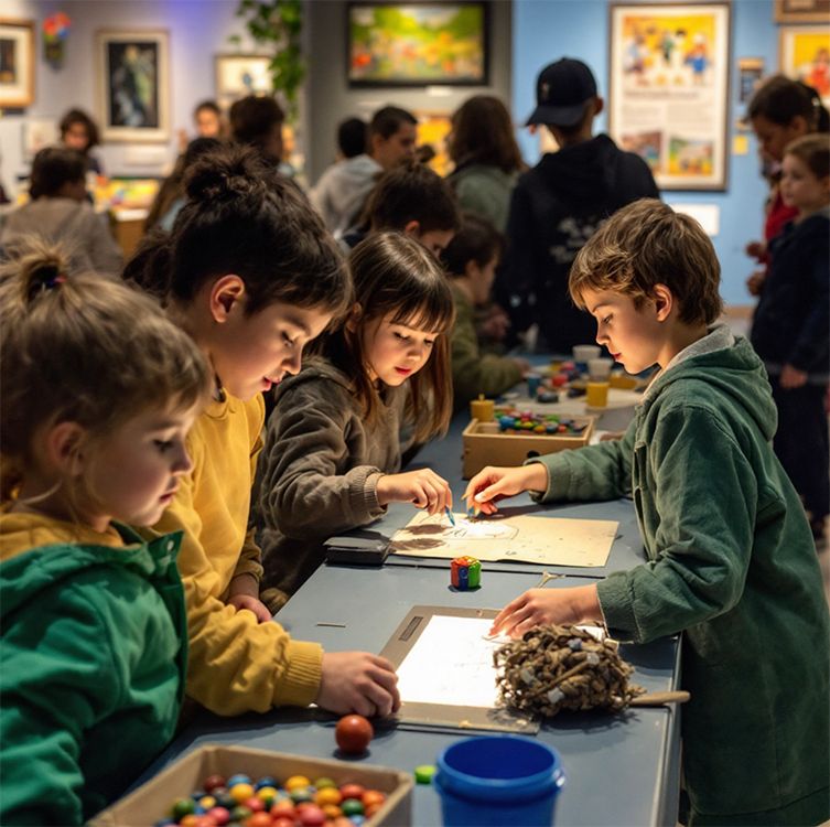 Kinder beim interaktiven Lernen in einer Mitmach-Ausstellung in Nürnberg, Fürth und Erlangen