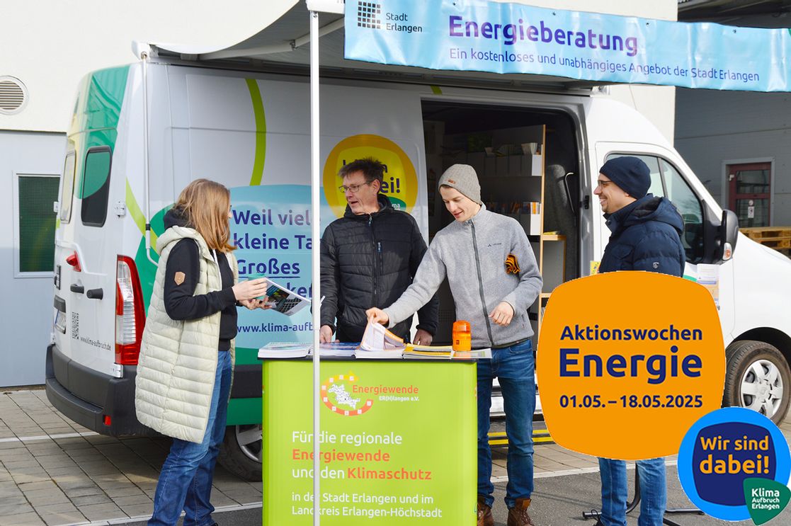 Ein informatives Bild, das die Aktionswochen Energie Erlangen darstellt, mit Fokus auf Energieeffizienz und Klimaschutz.