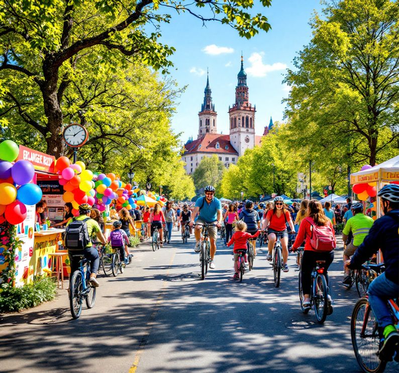 Teilnehmende der 30. Erlanger Rädli fahren gemeinsam Fahrrad auf einer grünen Strecke in Erlangen.