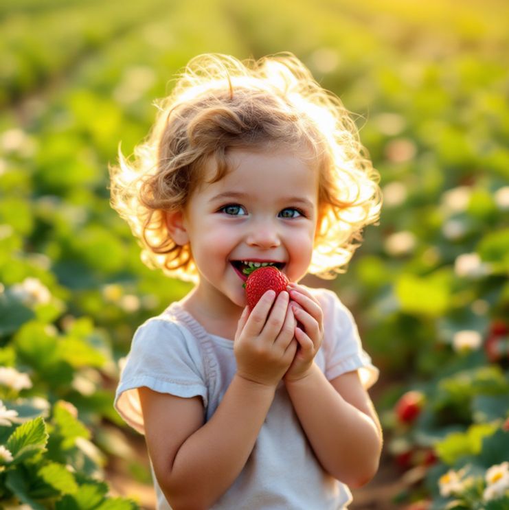 Glückliches Kind genießt eine saftige Erdbeere direkt vom Huckepack Erlebnisbauernhof.